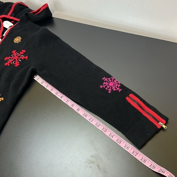 Liz Claiborne Black 1/4 Zip Hood Embroidered Wool Angora Blend Sweater L - Picture 12 of 13